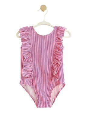 Pink & White Kids One Piece Striped Ruffle Swimsuit, Baby Girl 6-12 Months